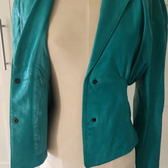 Bergdor Italia Vintage 80s Teal Green Leather Blazer Jacket Fitted Waist Size 4 - Picture 7 of 9